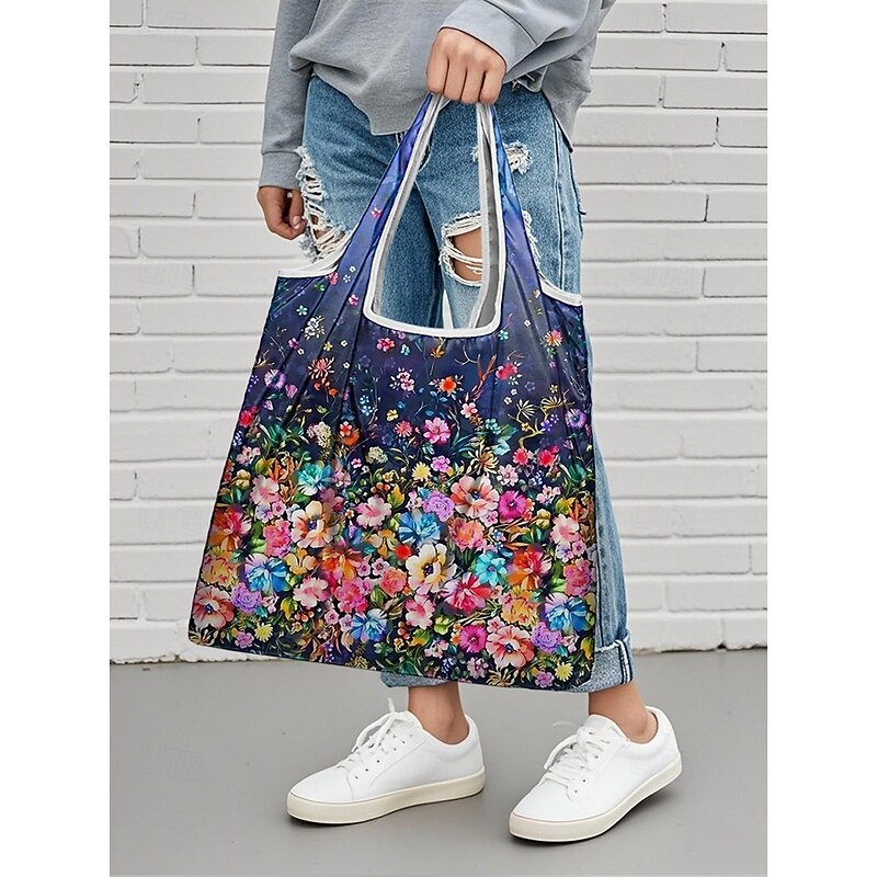 Large Capacity Foldable Shopping Bag – Reusable Floral Print Tote, Eco-Friendly Lightweight Grocery Bag for Women, Travel, and Daily Use2