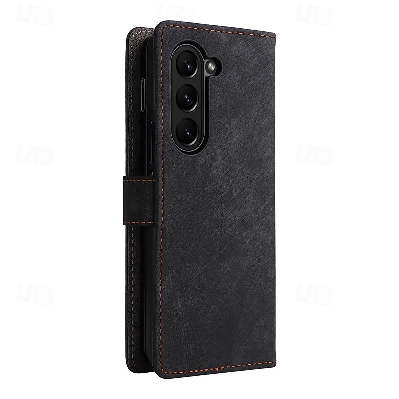 Phone Case For Samsung Galaxy Z Fold 6 Z Fold 5 Z Fold 4 Z Fold 3 Flip Cover with Stand Holder with Wrist Strap Card Slot Retro TPU PU Leather3