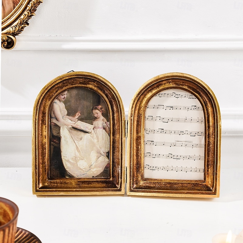 Vintage Double Arch Photo Frame – European-Style Antique Gold Tabletop Frame, Elegant Home Decor for Photo Display & Photography Prop