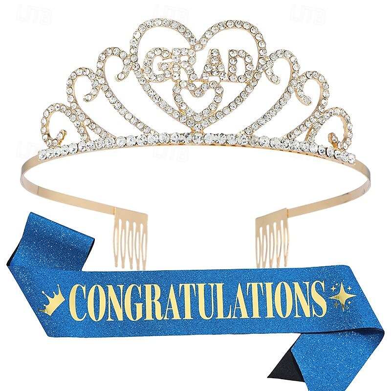 Graduation Crown and Stole Sash Set, Graduation Party Supplies Kit, Congratulations Glittered Fabric Sash, Alloy Headpiece, Tiara and Sash Set for Graduation Celebration2