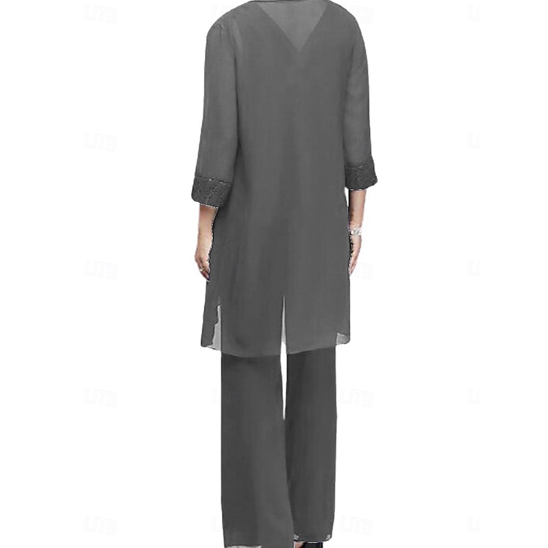 3 Piece Mother of the Bride Dress Elegant Vintage Crew Neck Floor Length Spandex Long Sleeve with Solid Color3