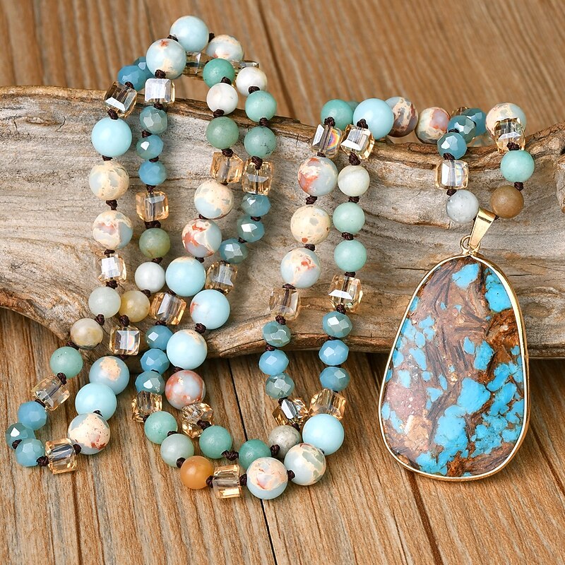 Natural Stone Crystal Glass Knot Necklace - Bohemian Vintage Style Square Imperial Stone Pendant - Women's Sweater Chain