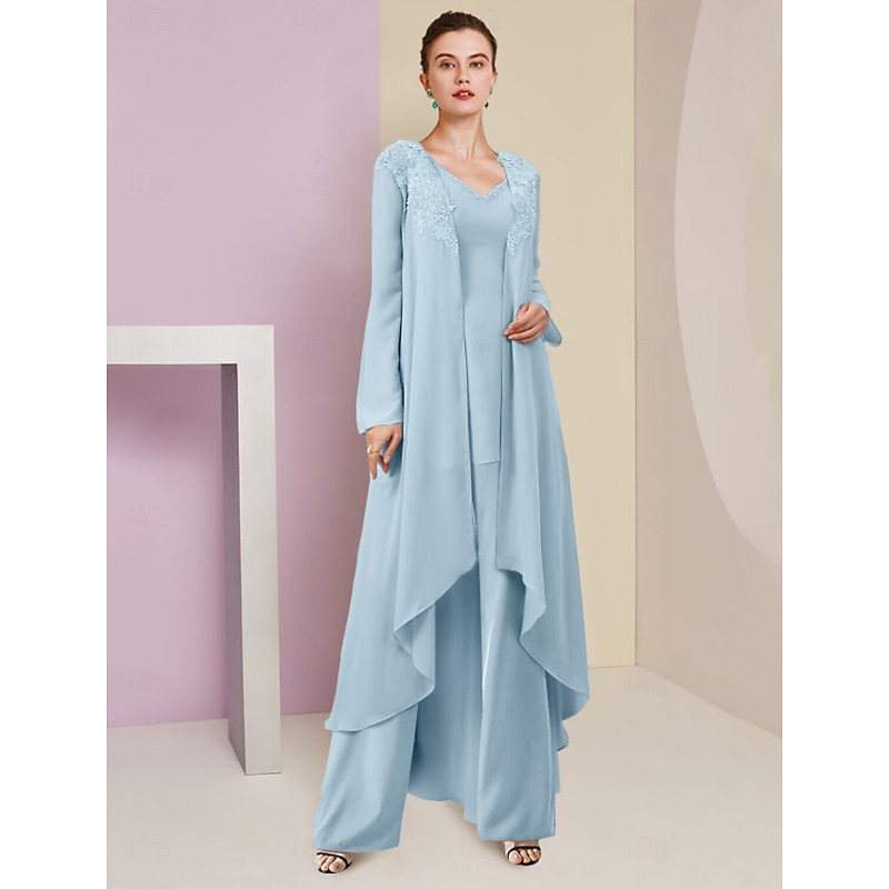 Beach Wedding Pantsuit 3 Piece Mother of the Bride  Formal Wedding Guest Elegant V Neck Floor Length Chiffon Lace Sleeveless Wrap Included with Beading Appliques4