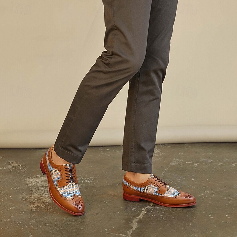 Men's Tan Faux Leather Brogue Oxfords with Blue Nylon Woven Insets - Business Casual Wear2