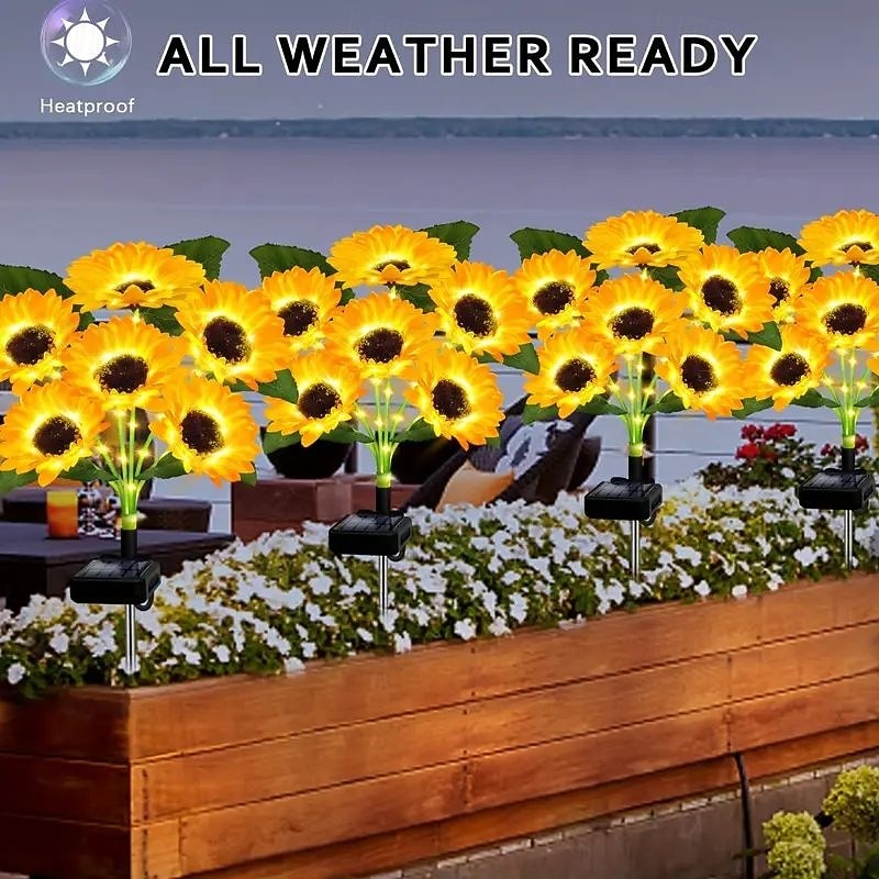 2Pcs LED Solar Outdoor Lights 6 Heads Sunflower Garden Lights Patio Lights Fairy Lights for Mattress Pillow Home Villa Yard Park Walkway Landscape Decoration2