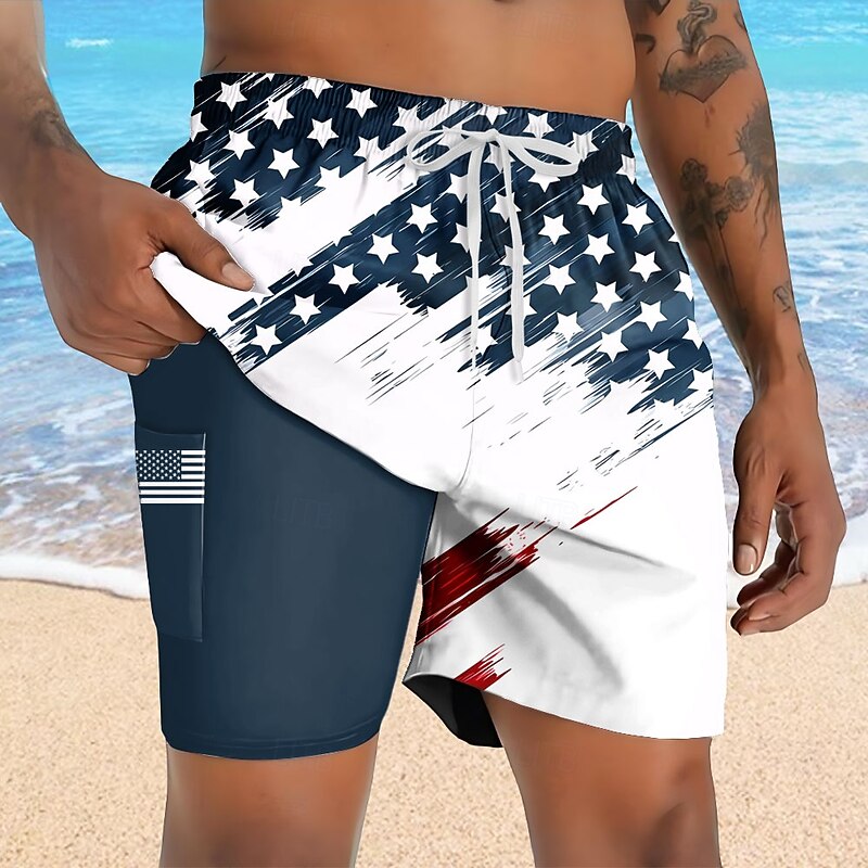 Men's American US Flag Patriotic Lined Shorts 2 in 1 Board Shorts Swim Shorts Mid Waist Hawaiian Vacation Holiday Beach Wear Side Pockets With Compression Liner Elastic Drawstring Waist Designer