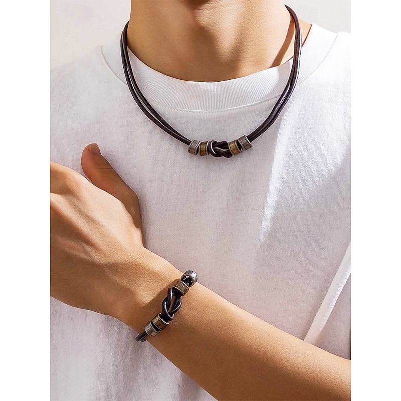 Men's Leather Necklace and Bracelet Set – Vintage Knot Design with Metal Accents, Adjustable Handmade Jewelry for Casual, Biker, and Boho Style, Perfect for Daily Wear and Gifts