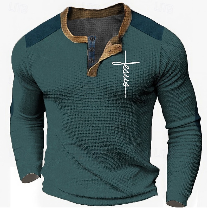 Men's Graphic Faith Henley Shirt Waffle T Shirt Long Sleeve 3D Print Fashion Designer Casual Sports Outdoor Holiday Festival Spring &  Fall Black Navy Blue Khaki Dark Blue Henley Henley T-Shirt3