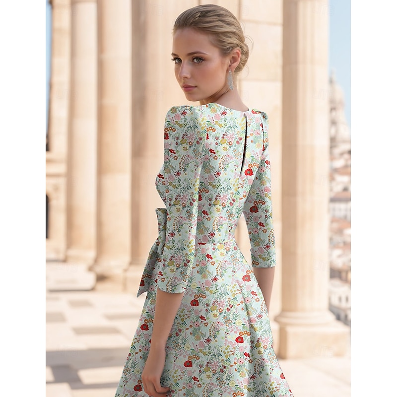 Jacquard Floral A-Line Cocktail Dresses Elegant Formal Wedding Ankle Length Half Sleeve V Neck Nylon with Floral Print Butterfly Pocket Wedding Guest Dress2