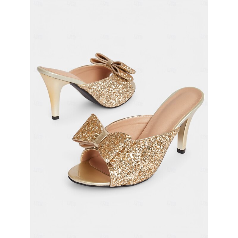 Women's Gold Glitter Bow Stiletto Mules – Glamorous Party & Romantic Dinner Shoes4