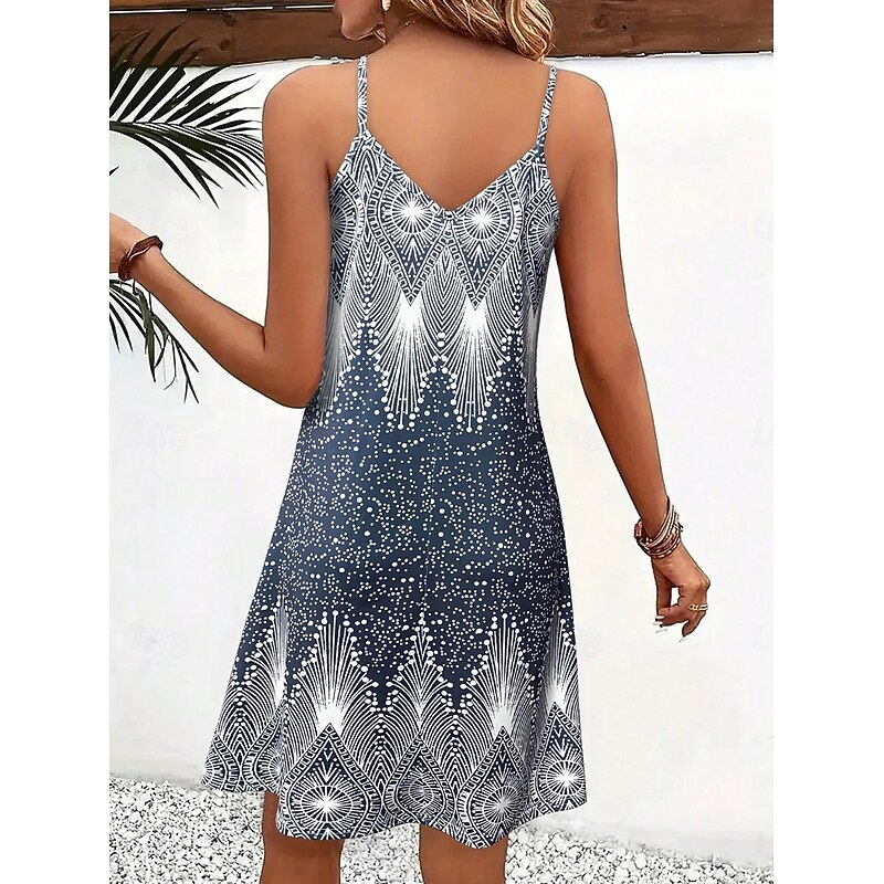Women's Mini Dress Sundress A Line Dress Slip Dress Off The Shoulder Dress Vacation Casual Boho Going out Beach Regular Fit Graphic Geometric Sleeveless V Neck Navy Summer2