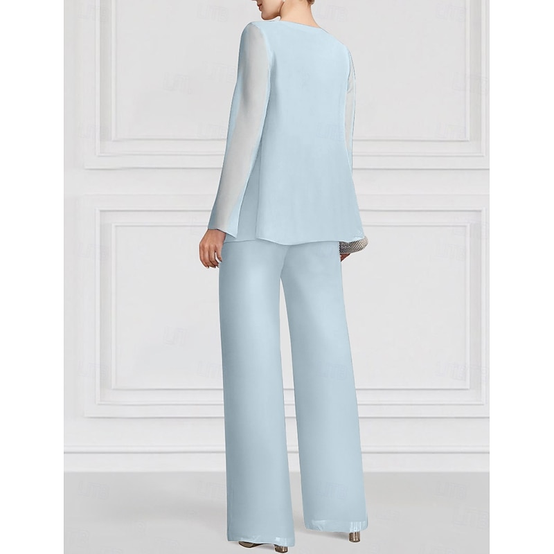 Floral Pantsuit 3 Piece Mother of the Bride Wedding Guest Elegant Jewel Neck Floor Length Chiffon Long Sleeve Wrap Included with Lace Ruffles Embroidery2