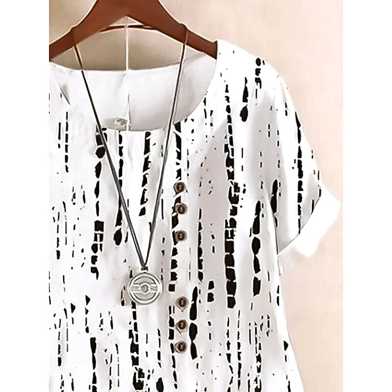 Women's Shirt Blouse Graphic Striped Elegant Short Sleeve Crew Neck Regular Tops Daily Linen Like Print White Summer2