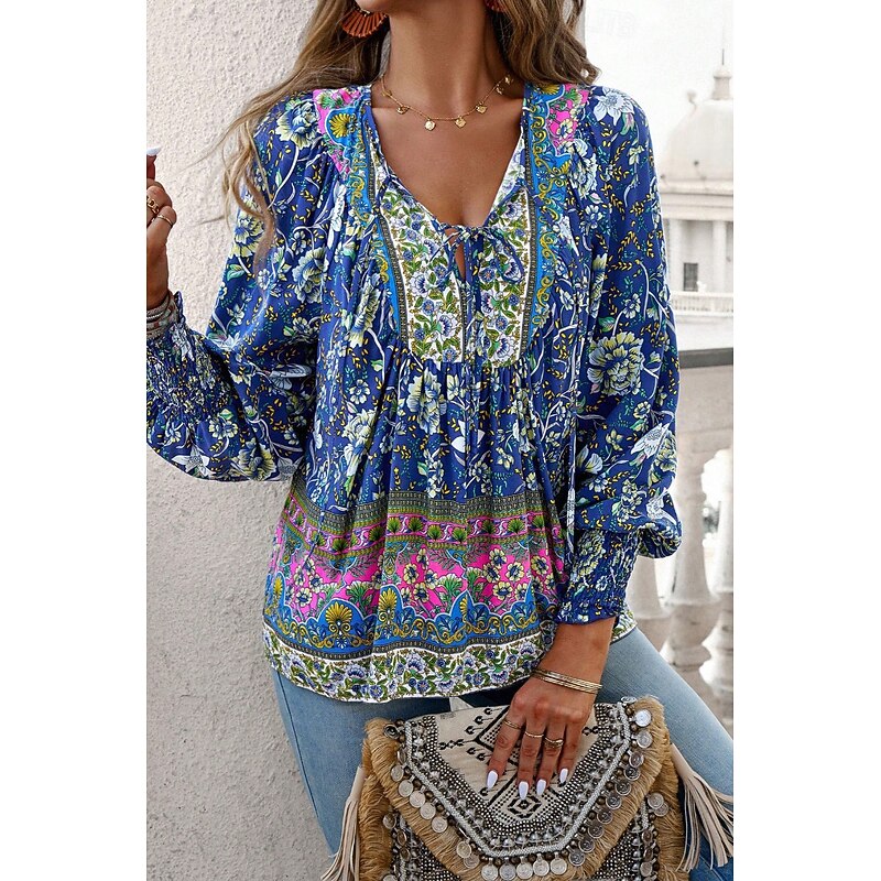 Women's Shirt Blouse Flower Daily Stylish Casual Long Sleeve V Neck Regular Tops Daily Holiday Print Pink Navy Blue Blue Apricot Spring3
