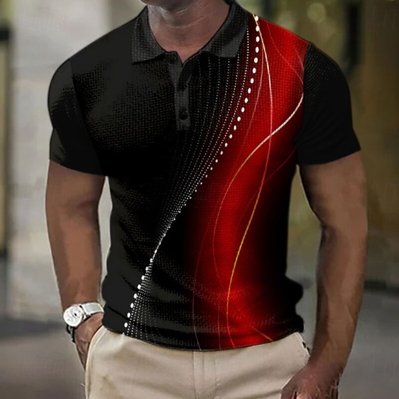 Men's Geometic Line Waffle Polo Shirts Short Sleeve Polo Shirts Collared Shirts Business Casual School Business Athleisure Buttons 3D Print Summer Red Blue Purple