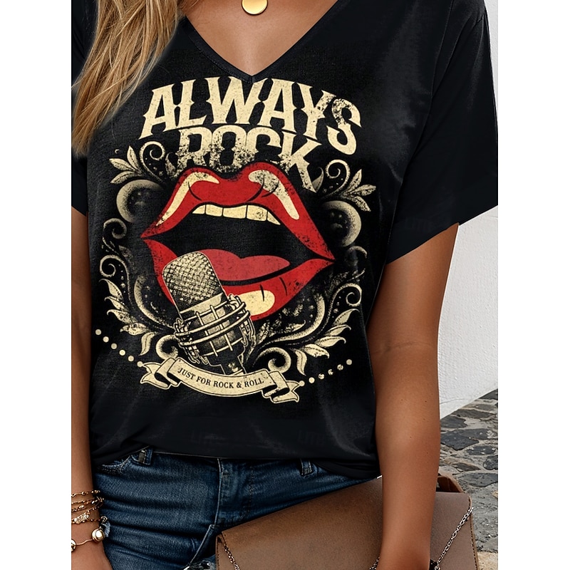 Music Festival Women's T Shirt Graphic Mouth Casual Short Sleeve V Neck Regular Tops Daily Weekend Vacation Wear Print Black Khaki Summer3