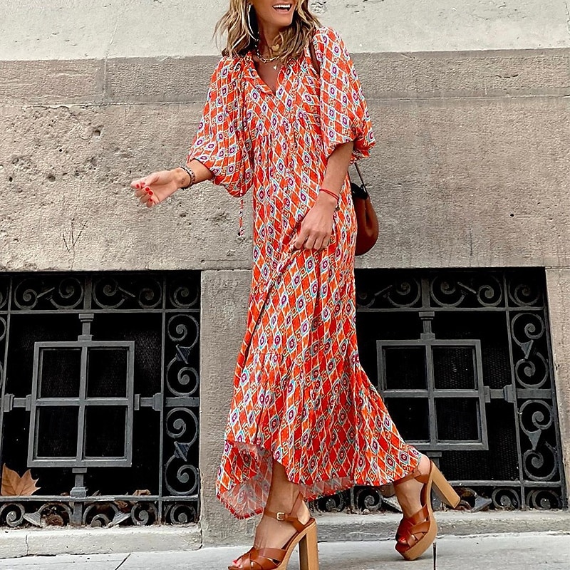 Women's Long Dress Maxi Dress Print Dress Fashion Lantern Sleeve Vacation Holiday Going out Regular Fit Flower Half Sleeve V Neck Purple Orange Rose Red Summer