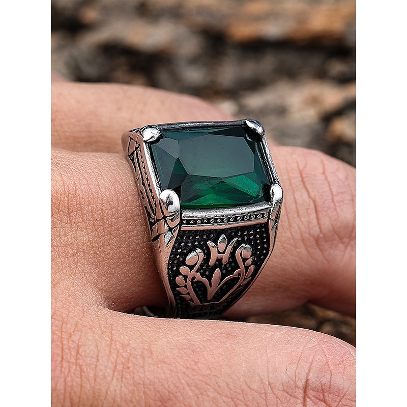 Vintage Men's Stainless Steel Emerald Gemstone Ring - Vintage Gothic Silver Statement Ring, Engraved Antique Style, Fashion Jewelry for Weddings, Parties and Daily Wear2