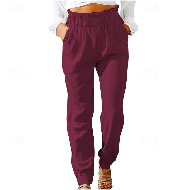 Women's Cotton Linen Pants Slacks Streetwear Casual Full Length Natural Plain Pocket Elastic Waist Comfy Comfortable Daily Wear Going out Magenta Grey Black Yellow Summer Regular Fit2
