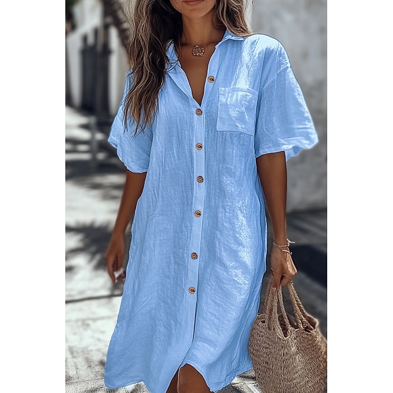 Women's Shirt Cotton Linen Shirts Button Up Blouse Plain Basic Modern Casual Short Sleeve Shirt Collar Long Tops Daily Holiday Going out Buttons Pocket White Yellow Light Blue Summer - Main Image