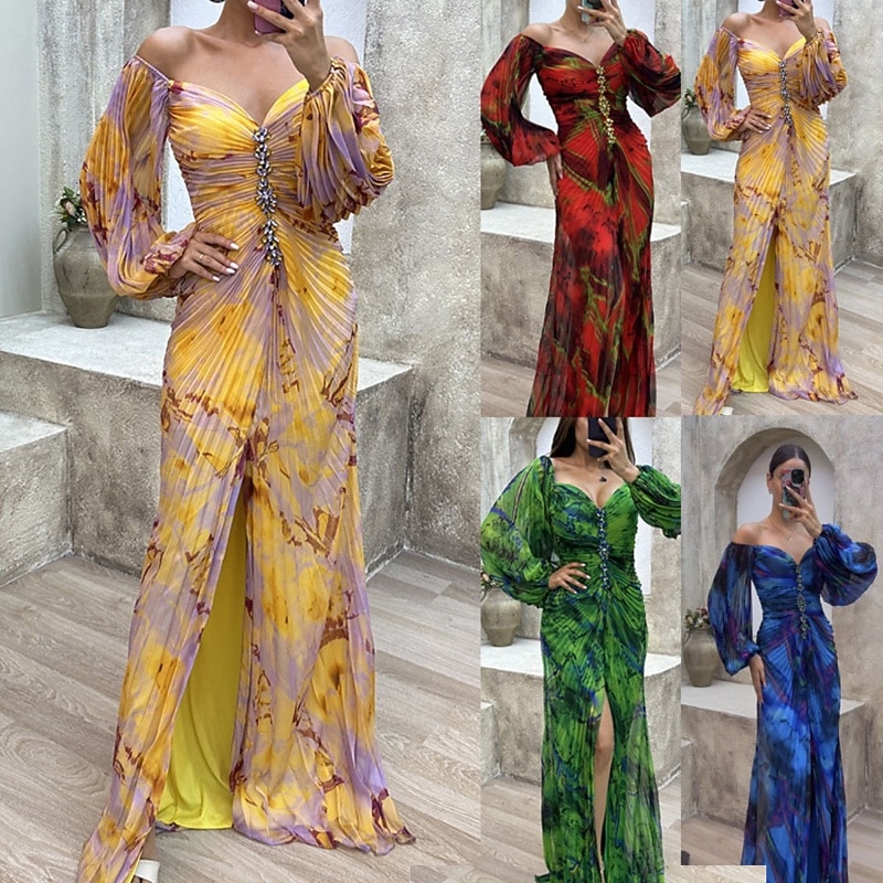 Women's Long Dress Maxi Dress Party Dress Ruched Dress Fashion Party Evening Party Regular Fit Flower Long Sleeve V Neck Yellow Wine Blue Green Summer