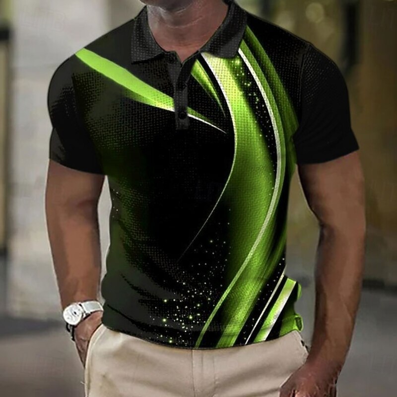 Men's Geometic Line Waffle Polo Shirts Short Sleeve Polo Shirts Collared Shirts Business Casual Business Athleisure Wear to work Buttons 3D Print Summer Red Blue Green2