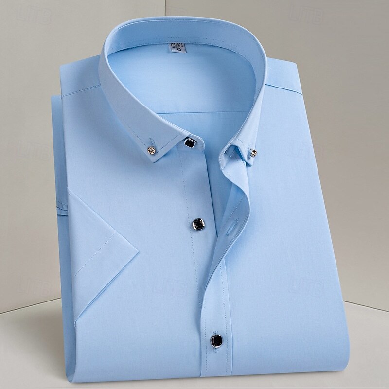 Men's Dress Shirt Wrinkle Resistant Button Up Shirt Plaid Wedding Outdoor Light Blue Black White Pink Short Sleeve Spread Collar Summer Spring Clothing Apparel