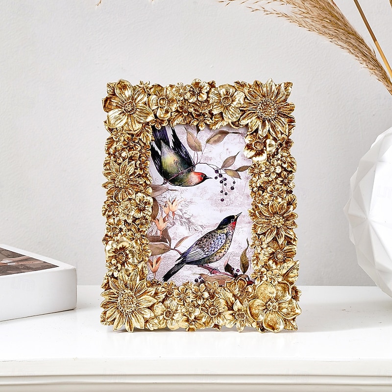 Gold 3D Floral Decorative Photo Frame, 5.7-Inch Oval Frame & 4x6 Inch Rectangle Frame, Resin Tabletop Picture Frame, Horizontal and Vertical Display for Home Decor and Photography Props4
