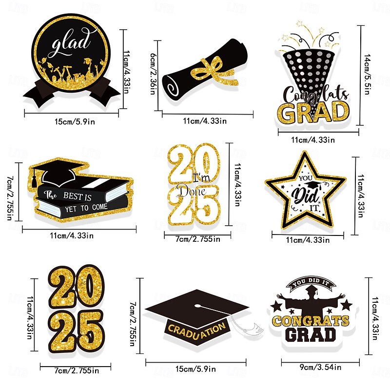 2025 Graduation Party Black and Gold Cake Toppers, Graduation Table Decor, Vase Picks, Insert Cards, Flag Picks for Graduation Celebration2
