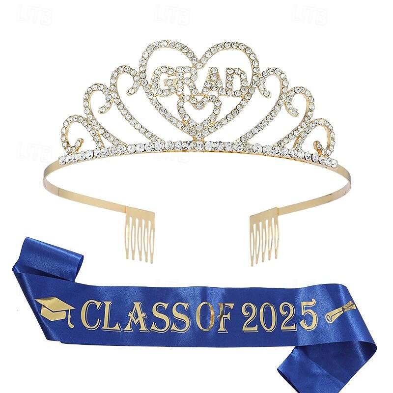 Graduation Party Supplies Kit, Glittered Metal Graduation Princess Grad Crown Tiara, Class of 2025 Graduate Sash, Rhinestone Letter Headpiece, Alloy Tiara and Sash Set3