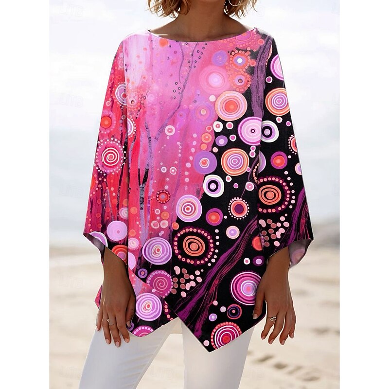 Women's Blouse Long Sleeve Asymmetrical Hem Ombre Graphic Polka Dot Stylish Beach 3/4 Length Sleeve Crew Neck Regular Tops Daily Print Pink Blue Orange Spring Fall2