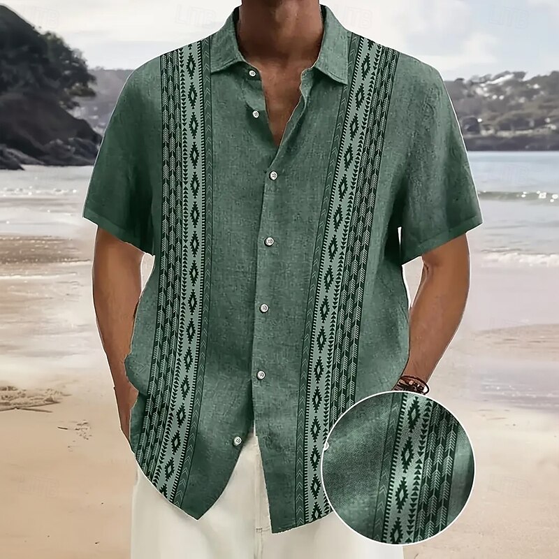 Men's Geometric Shirt Casual Shirt Button Up Shirt Short Sleeve Vintage Retro Vacation Dailywear Summer Spring Turndown 3D Print Collared Shirts Yellow Blue Dark Green