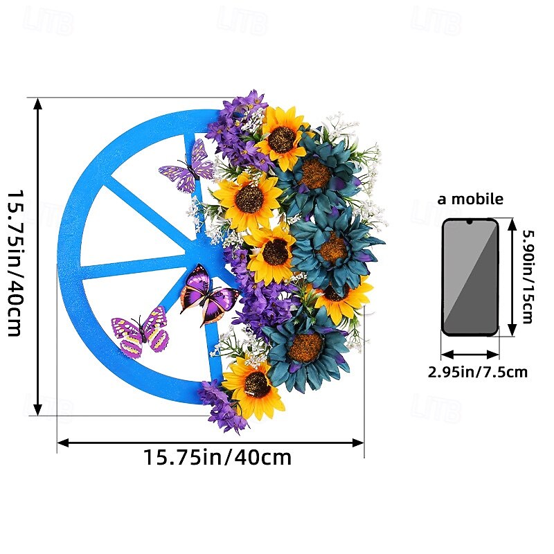 Spring Wreath Blue Wheel Artificial Sunflower & Butterfly Decor Rustic Farmhouse Wall Hanging for Door, Fence & Garden Ornament3