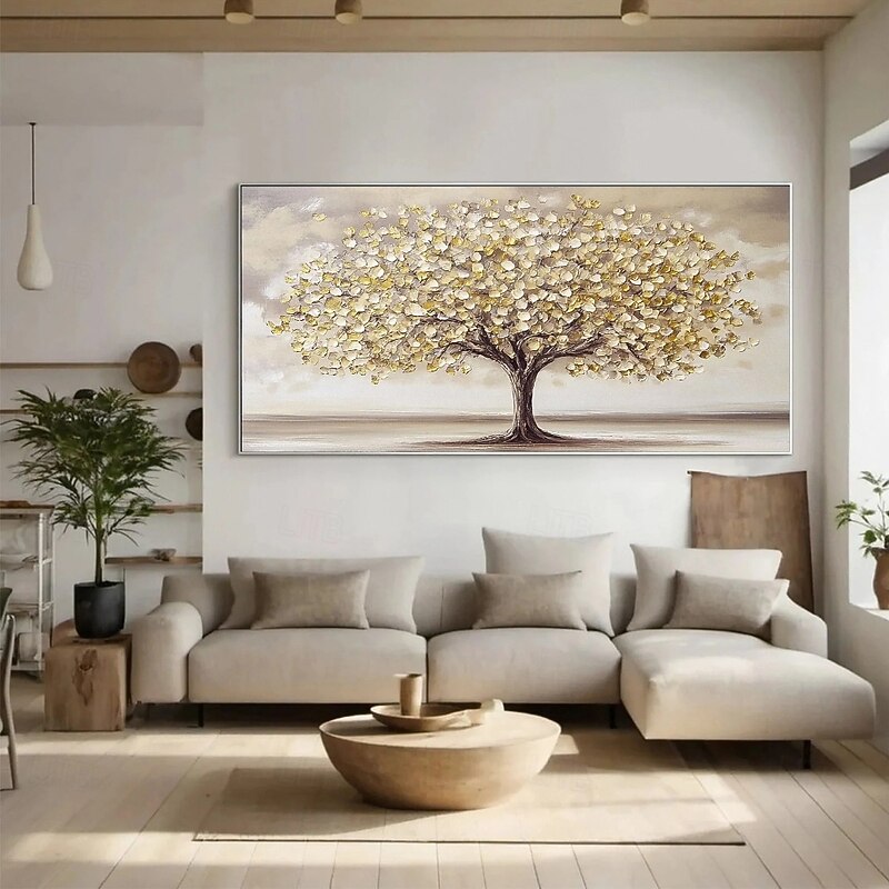 Hand painted Scenery Oil Painting on Canvas Handmade Textured Trees in Autumn Yellow Grassland Acrylic Painting River Landscape Wall Art oil painting for bedroom living room artwork3