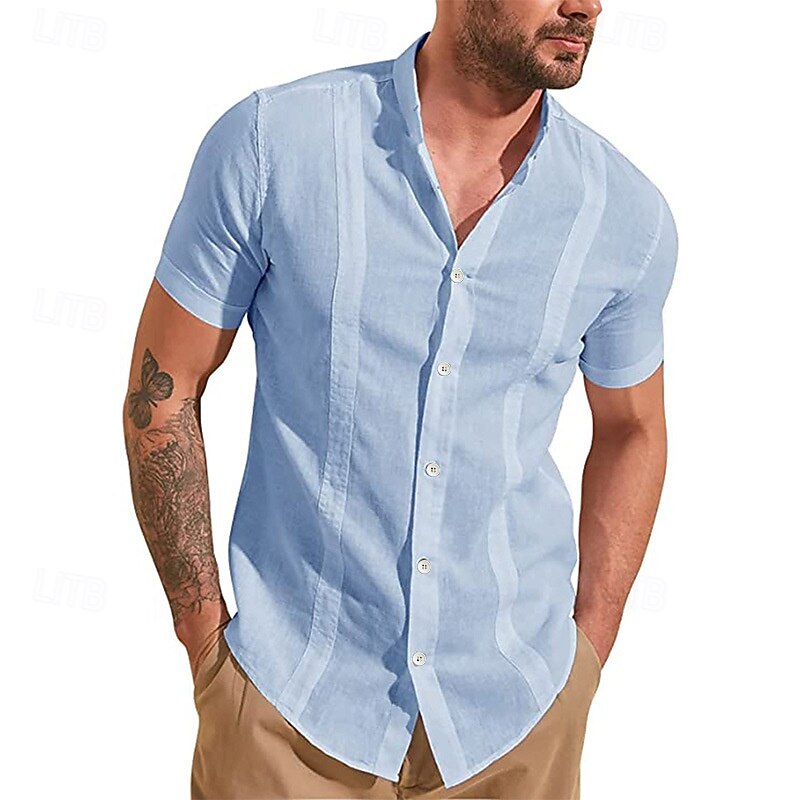 Men's Guayabera Shirt Summer Shirt Casual Shirt Button Up Shirt Black White Dark Navy Green Light Blue Short Sleeve Solid / Plain Color Lapel Vacation Hawaiian Clothing Apparel Polyester Fashion