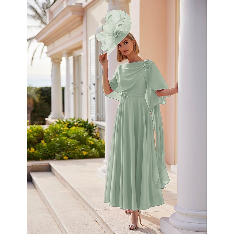 A-Line Dress Mother of the Bride Dress Elegant Bateau Neck Ankle Length Stretch Chiffon Short Sleeve with Lace Tier Solid Color Race Day Dress