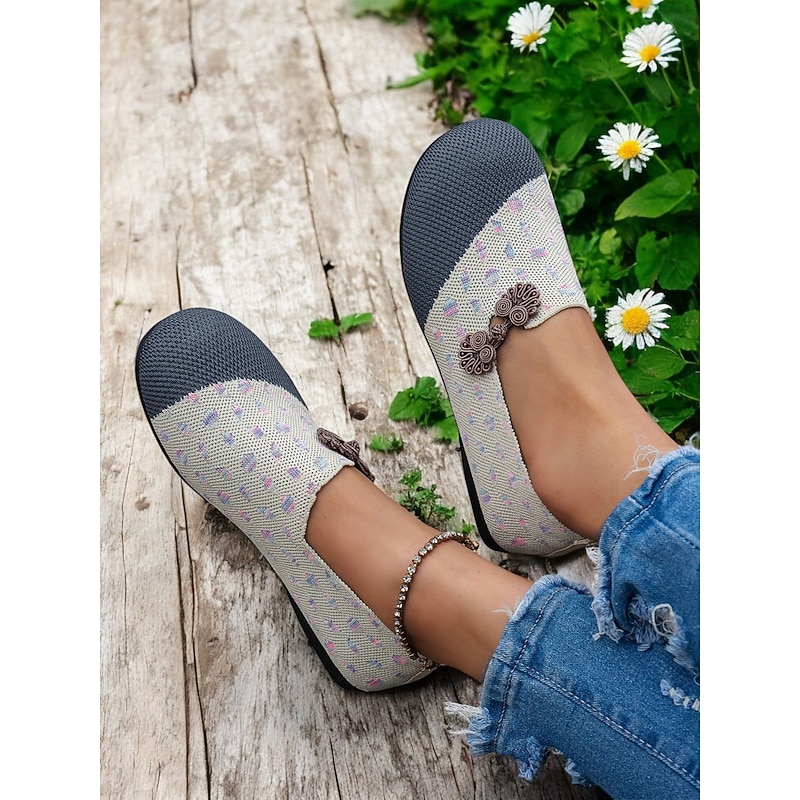 Women's Contrast Color Flyknit Wide Fit Slip-On Flats - Breathable Lightweight Casual Barefoot Shoes with Floral Accents4