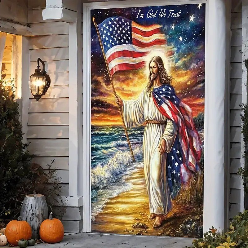 4th of July Independence Day Door Decorations Door Covers Jesus American Door Tapestry Door Curtain Decoration Backdrop Indoor/Outdoor Door Banner for Front Door Farmhouse