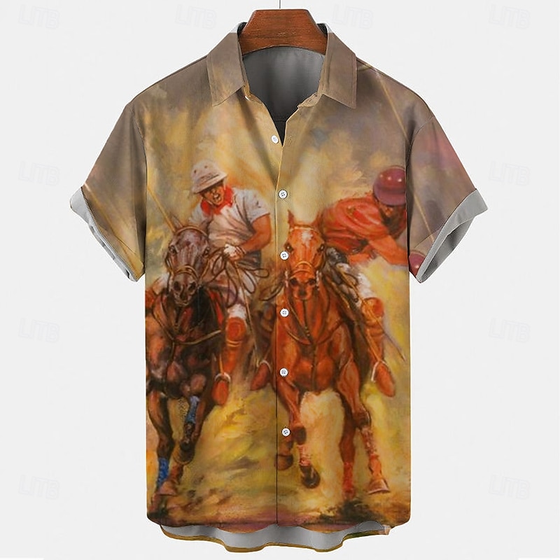 Kentucky Derby Men's Horse Racing Shirt Button Up Shirt Short Sleeve Vintage Retro Holiday Festival Summer Spring Turndown 3D Print Funny Kentucky Derby Shirts Yellow Gray