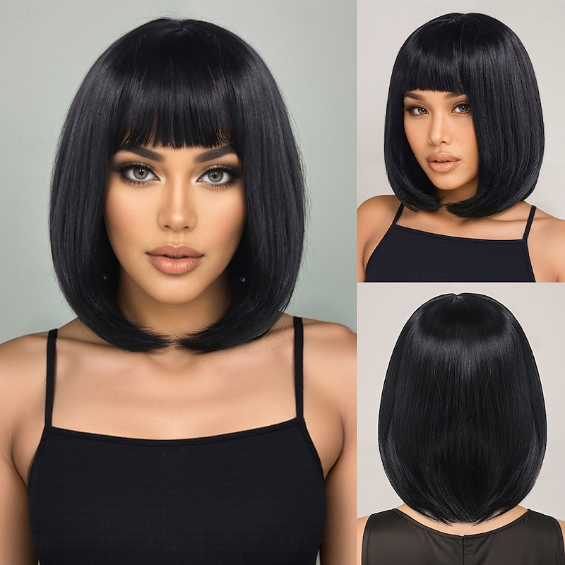 Synthetic Wig Straight Yaki Straight Asymmetrical Neat Bang Machine Made Wig 14 inch A1 Synthetic Hair Women's Party Classic Comfortable Black