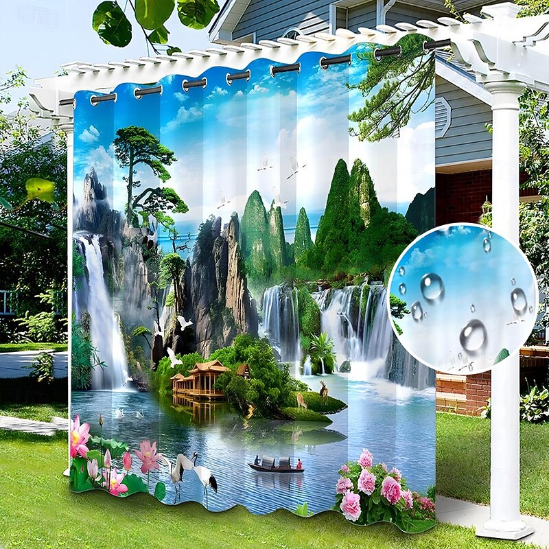 Waterproof Outdoor Curtain Privacy, Sliding Patio Curtain Drapes, Pergola Curtains Grommet 3D Chinese Painting for Gazebo, Balcony, Porch, Party, 1 Panel