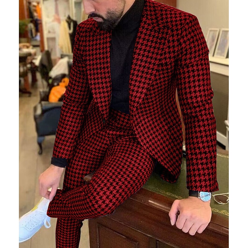 Men's Wedding Suits Peak Black+Red Fashion Business Plaid Tailored Fit 2 Piece Single Breasted One-button3