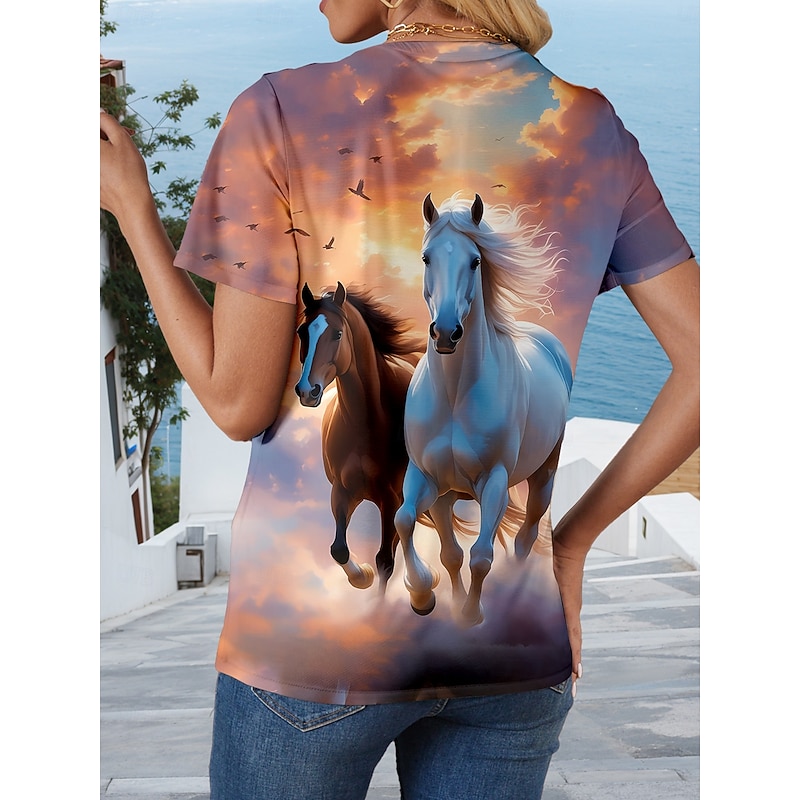 Kentucky Derby Women's T Shirt Graphic Animal Horse Stylish Casual Short Sleeve Round Neck Regular Tops Daily Weekend Print Rainbow Summer Spring2