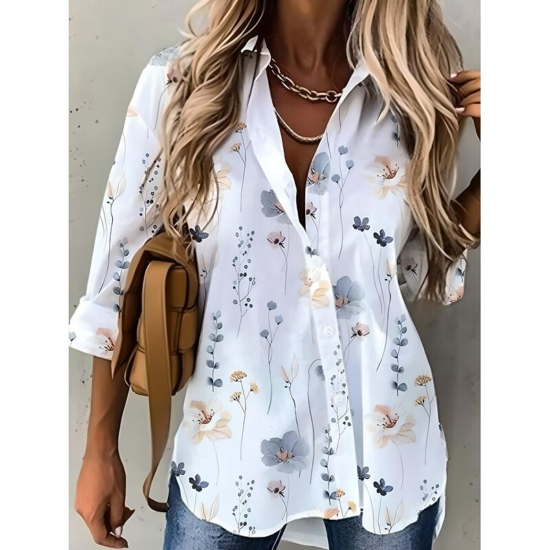 Women's Shirt Button Down Tunic Shirt Collar Long Sleeve Floral Graphic Stylish Casual Regular Tops Daily Going out s White Spring3