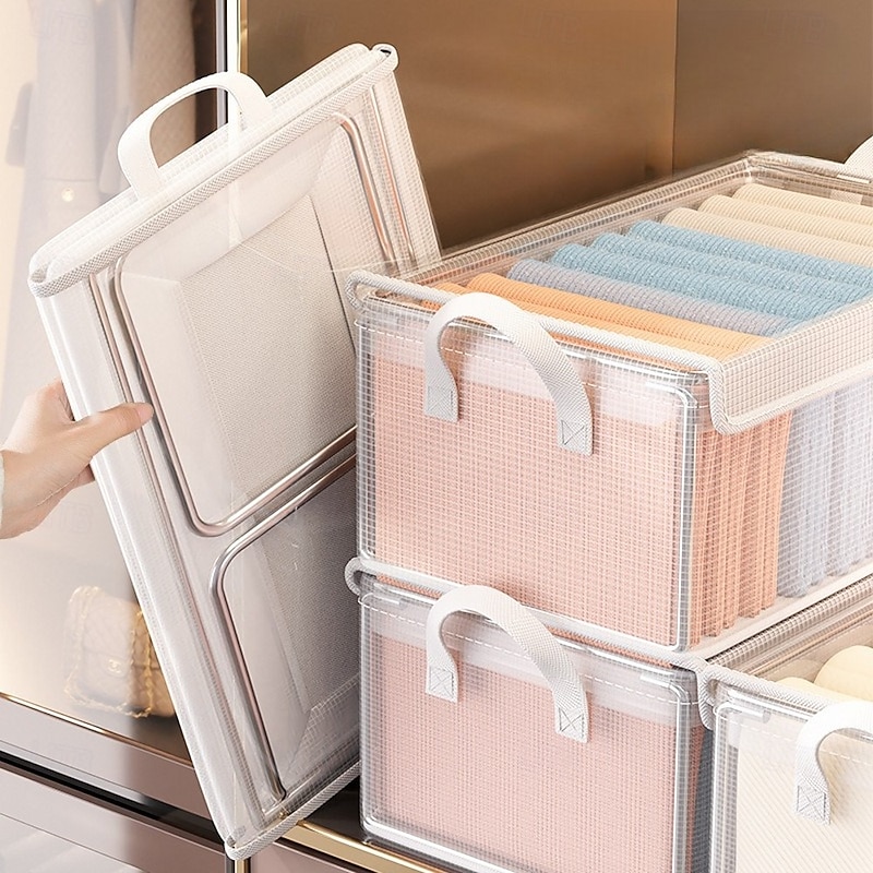 Clear Clothing Storage Box with Lid, Large Capacity Transparent Drawer Organizer, PVC Wardrobe Storage Container for Blankets, Clothes, and Fabric Organization4