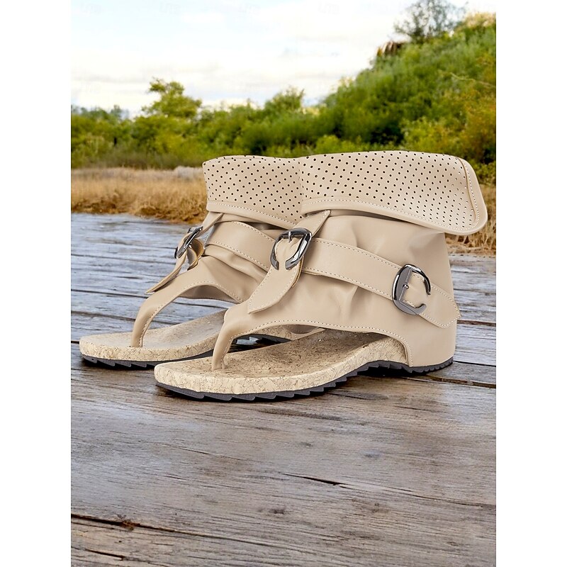 Women's Boho Gladiator Sandals – Beige Open-Toe Buckle Strap Wedge Sandals with Perforated Cuff for Summer, Casual Outings, and Festivals4