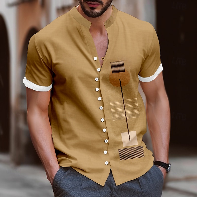 Men's Geometric Shirt Button Up Shirt Stand Collar Shirt Short Sleeve Fashion Casual Vacation Daily Summer Spring Grandad Collar Mandarin Collar Band Collar 3D Print Linen Like Shirt Yellow