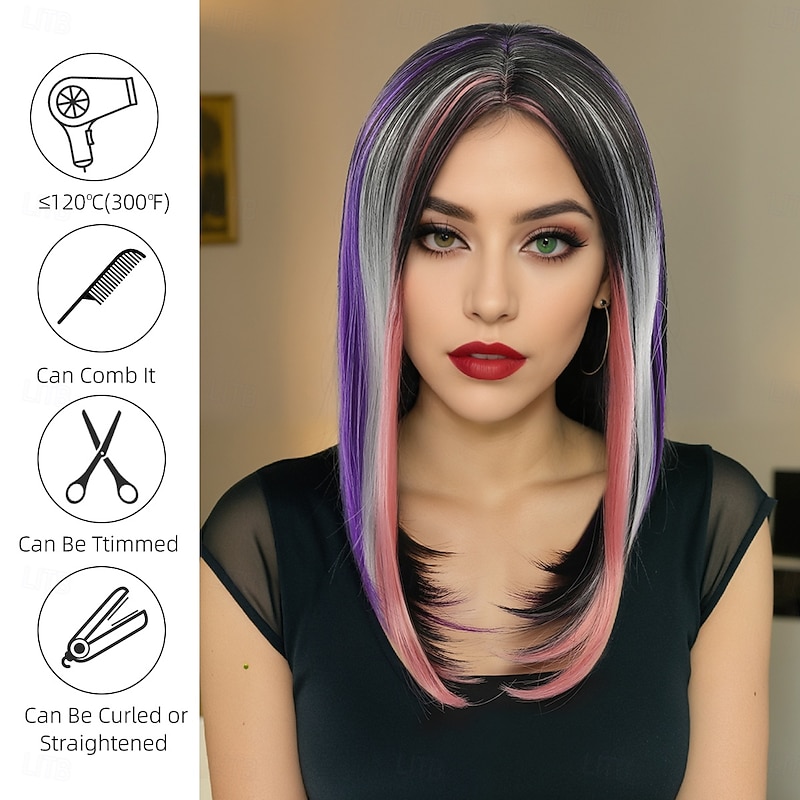 Synthetic Wig Wavy Natural Straight Layered Haircut With Bangs Machine Made Wig 16 inch A1 Synthetic Hair Women's Middle Part Classic Color Gradient Multi-color3