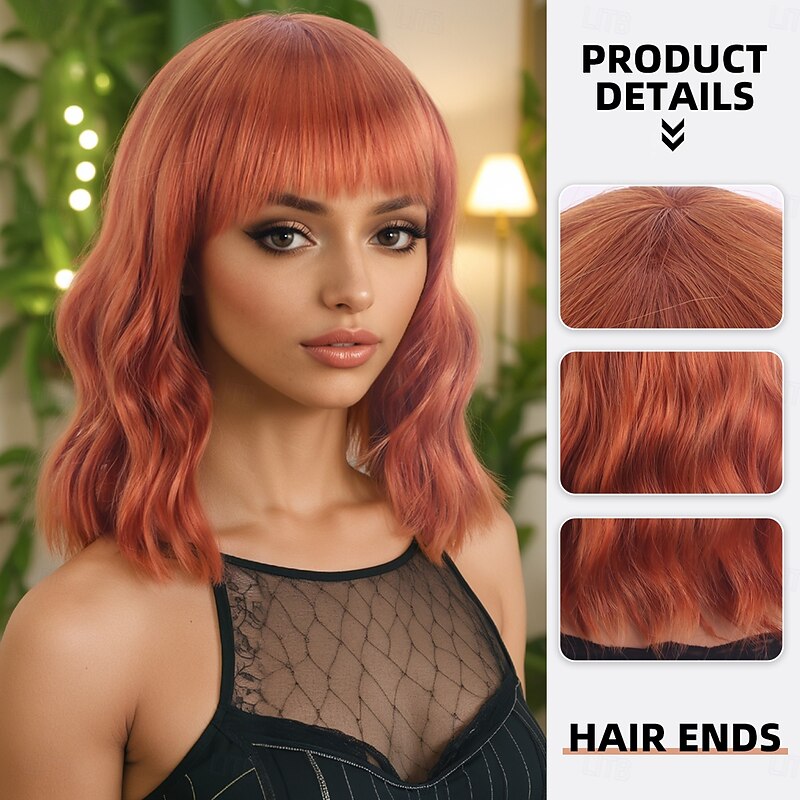 Synthetic Wig Wavy Curly Weave Asymmetrical Neat Bang Machine Made Wig 14 inch A1 Synthetic Hair Women's Classic Comfortable Color Gradient Orange2
