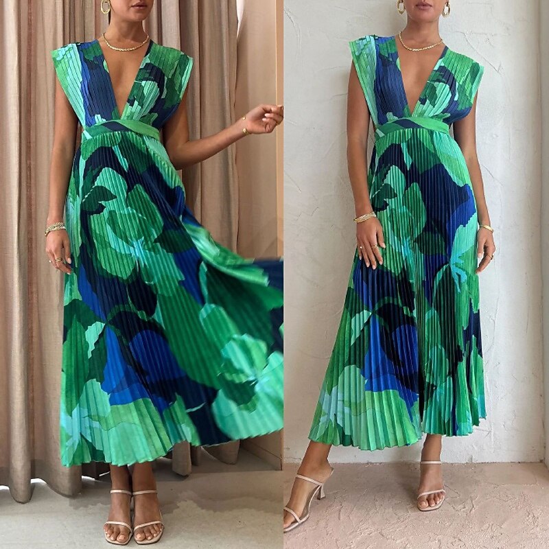 Women's Midi Dress Party Dress Cocktail Dress Ruched Dress Fashion Party Tea Party Regular Fit Tie Dye Sleeveless Deep V Green Summer